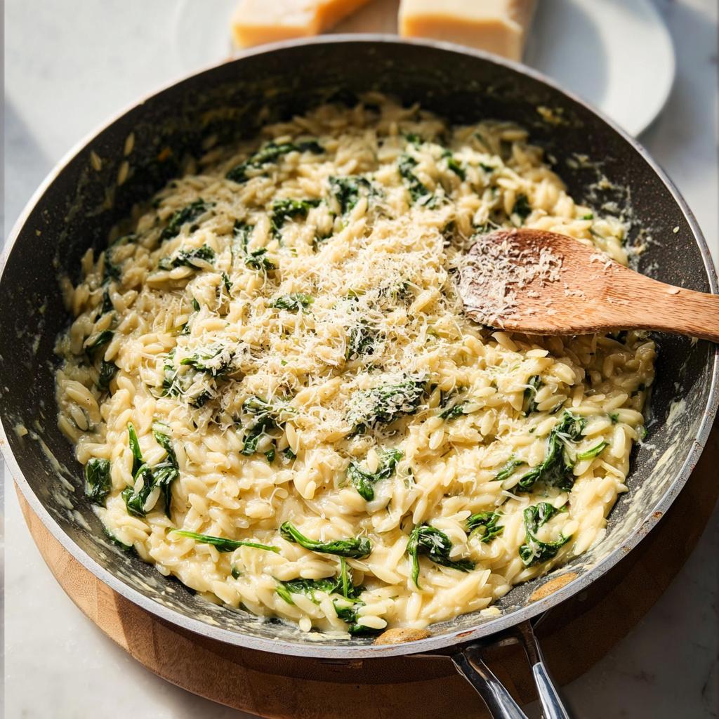 Close-up of creamy orzo pasta with wilted spinach, topped with grated parmesan cheese, in a skillet. A veggie sides recipe.