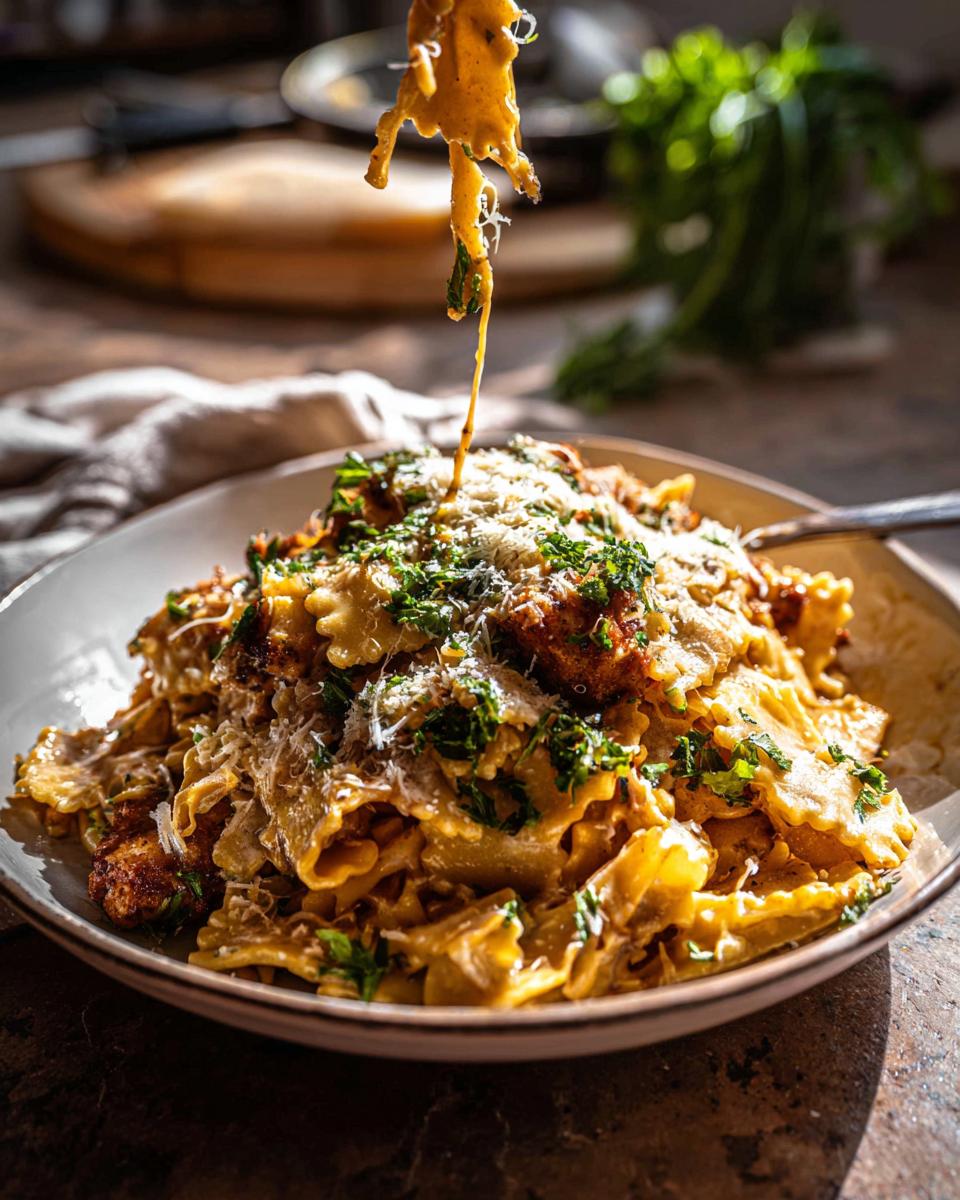 A close-up of a bowl of creamy pasta with crispy chicken pieces and fresh parsley, with a fork lifting a strand of pasta.