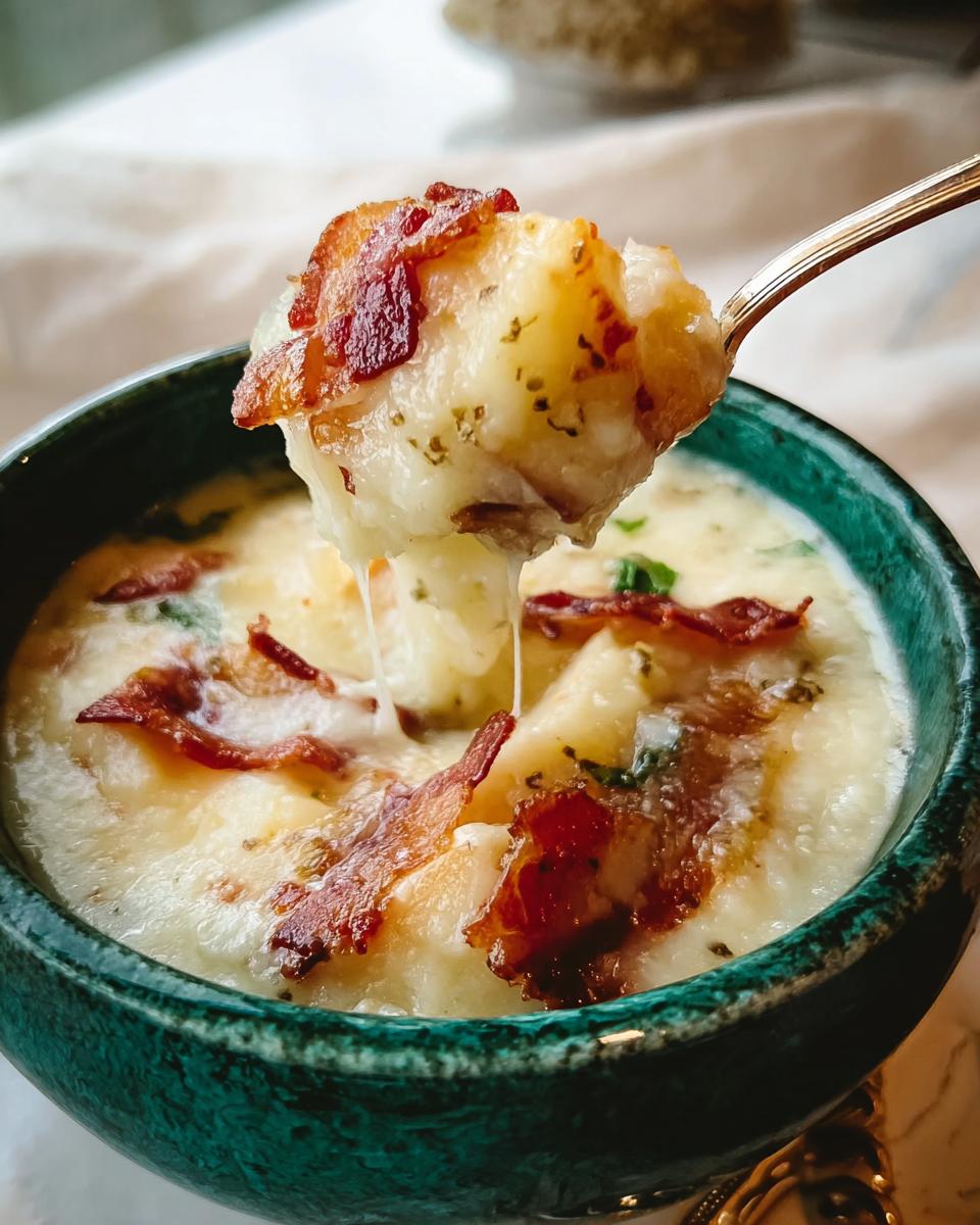 A spoonful of creamy potato soup topped with crispy bacon, part of our 12-Ingredient Soup Recipes.