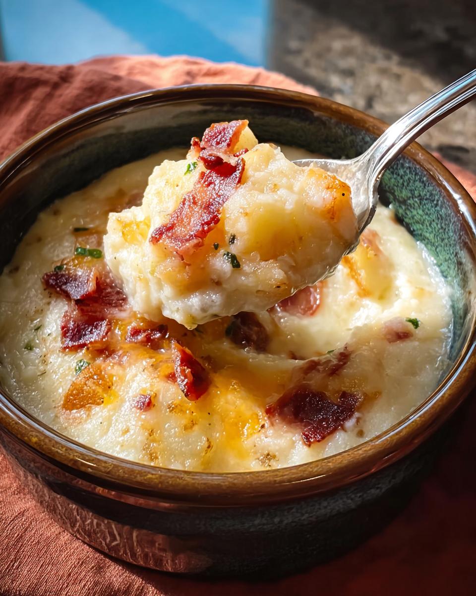 A spoonful of creamy potato soup with bacon bits and herbs, taken from a bowl.