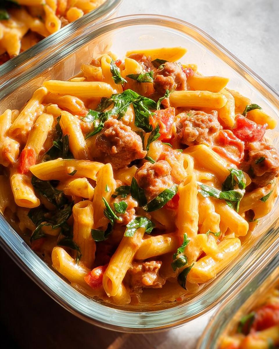 Close-up of creamy sausage pasta in a glass meal prep container, part of pasta recipes meal prep.