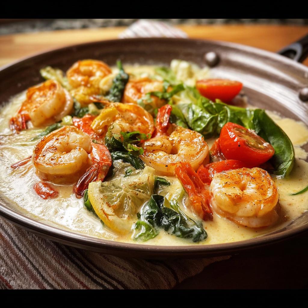A close-up of a creamy shrimp recipe with plump shrimp, spinach, cherry tomatoes, and lemon slices in a skillet.