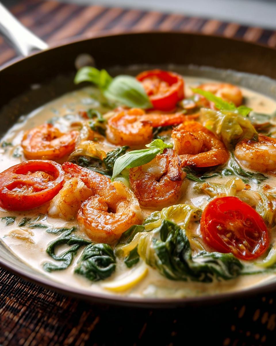 Close-up of a creamy shrimp recipe dish with pan-seared shrimp, cherry tomatoes, and spinach.