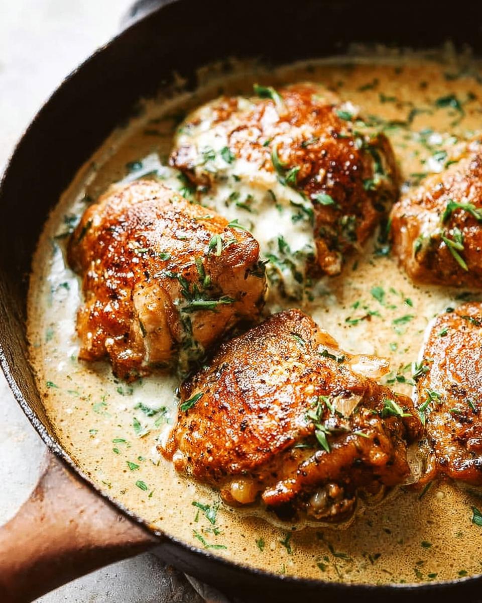 Close-up of pan-seared chicken thighs in a creamy sauce, garnished with fresh herbs. Part of The Ultimate Chicken Thigh Recipes Guide.