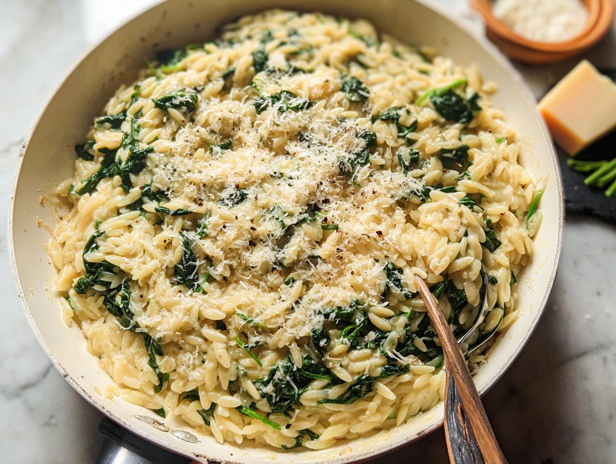 Close-up of creamy spinach orzo pasta dish in a pan, topped with grated parmesan cheese. A perfect veggie sides recipe.