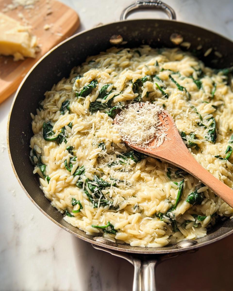 Close-up of creamy spinach orzo in a pan, topped with grated parmesan cheese, a perfect addition to your veggie sides recipes.