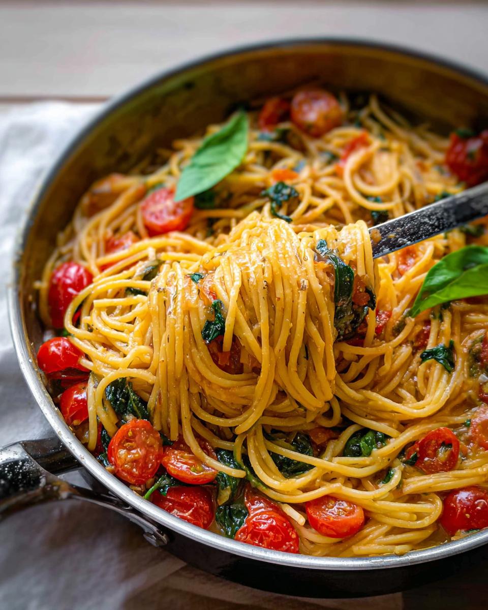 Close-up of a fork twirling creamy tomato pasta with fresh basil, perfect for easy dinner recipes meal prep.