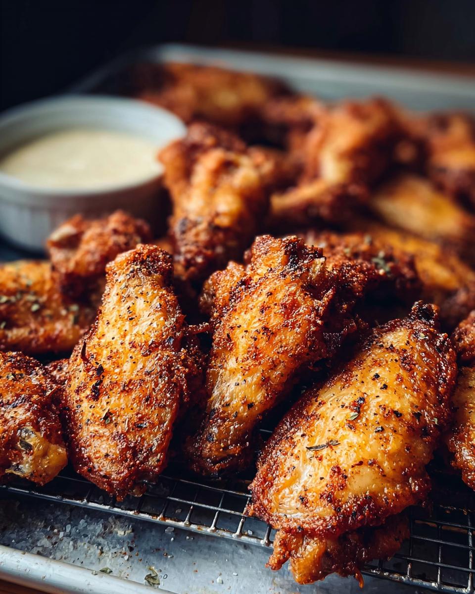 Close-up of perfectly seasoned and crispy baked chicken wings, ready to be dipped.