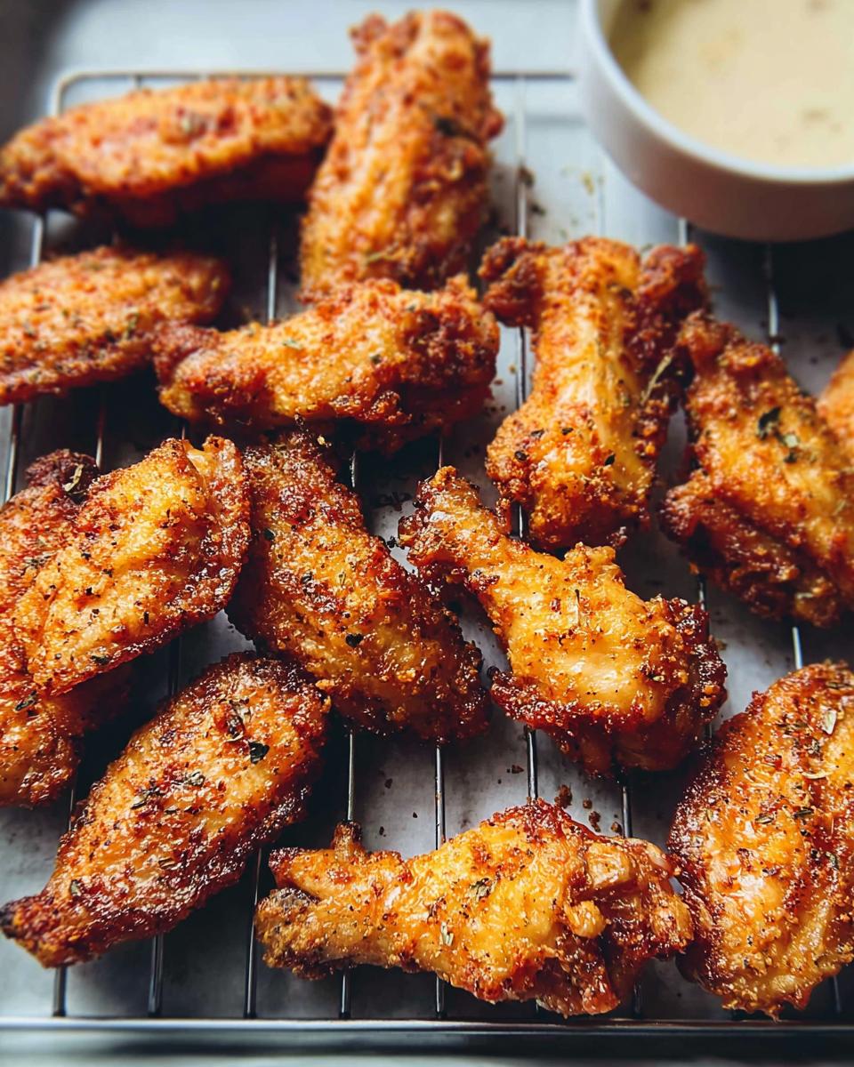 A close-up shot of perfectly baked crispy chicken wings, seasoned with herbs, on a cooling rack.