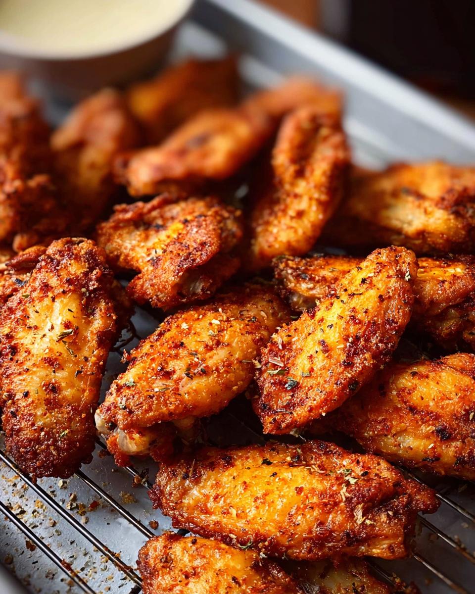 Close-up of perfectly baked chicken wings with a crispy, seasoned coating, ready for dipping.