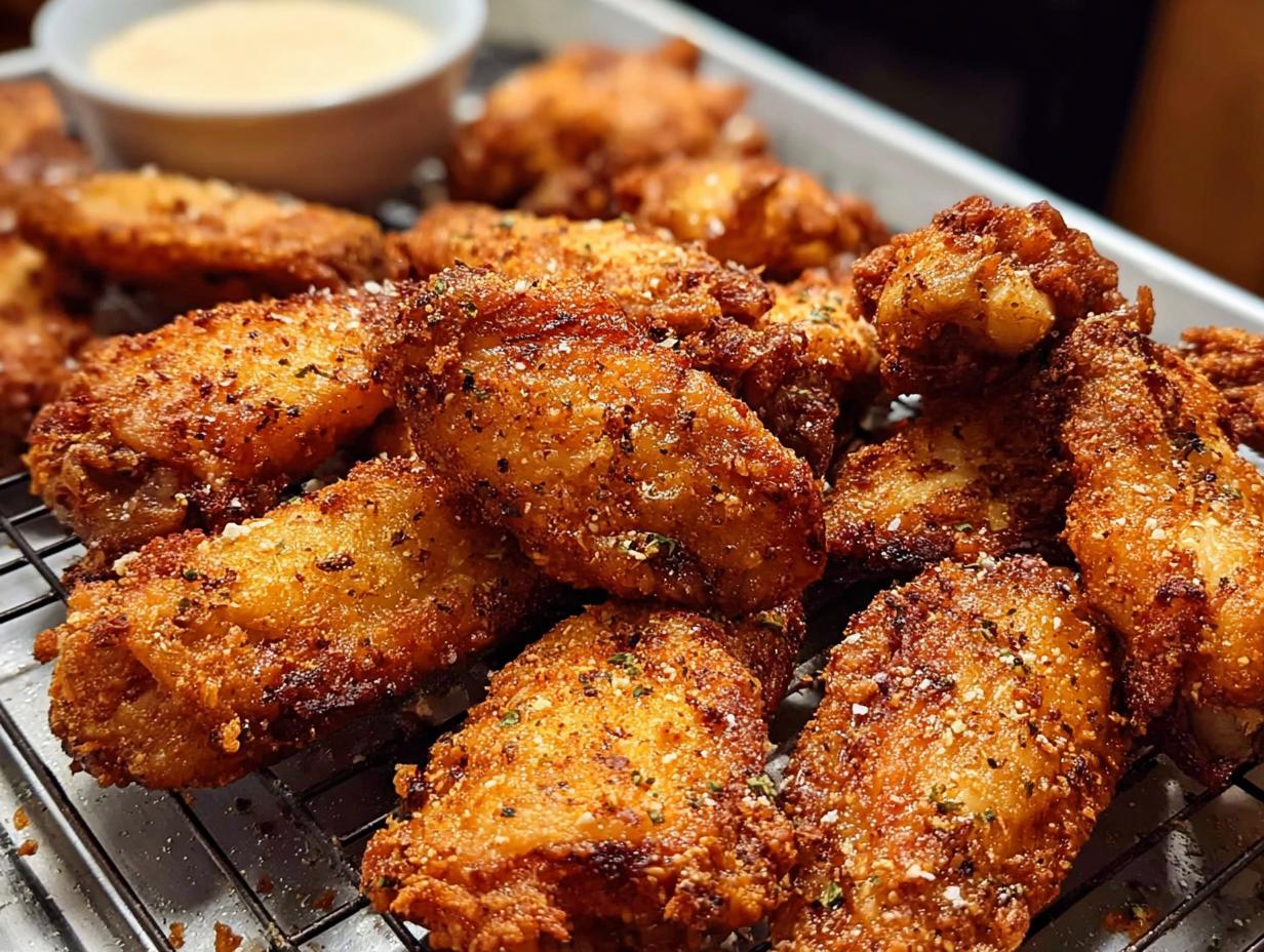 A close-up of perfectly seasoned and crispy chicken wings, ready to be served with dipping sauce.