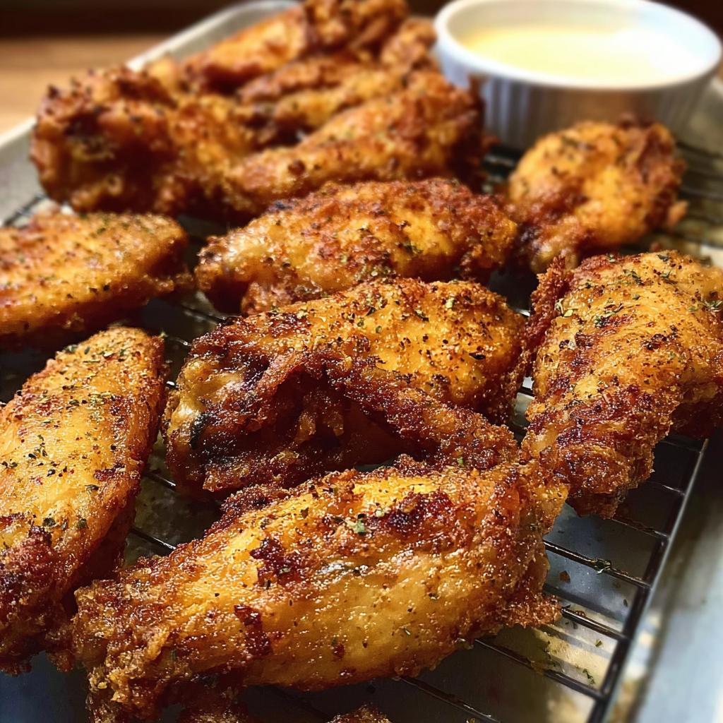 A close-up of perfectly crispy, golden-brown chicken wings seasoned with herbs, served with a side of dipping sauce.