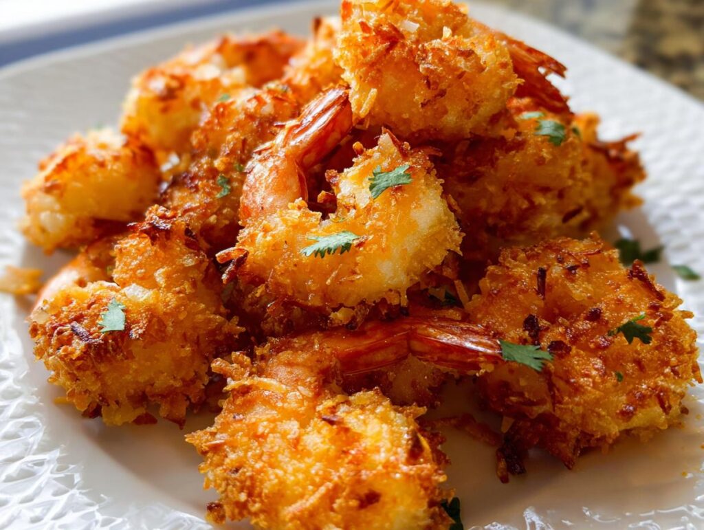 Close-up of golden-brown, crispy coconut shrimp recipes piled on a white plate, garnished with fresh cilantro.
