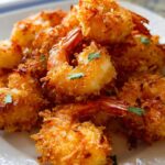 Close-up of golden-brown, crispy coconut shrimp recipes piled on a white plate, garnished with fresh cilantro.