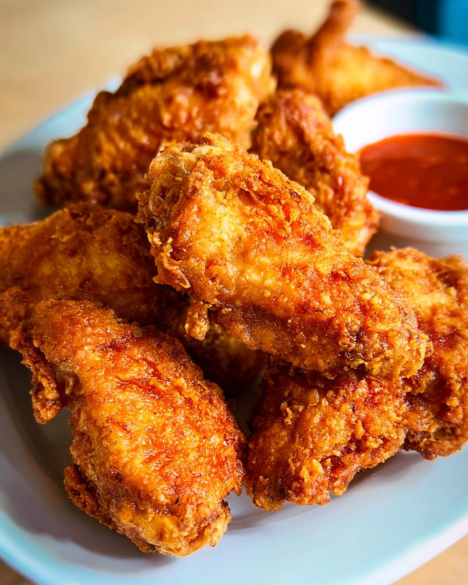 A plate of golden-brown, crispy fried chicken wings served with a small bowl of dipping sauce.