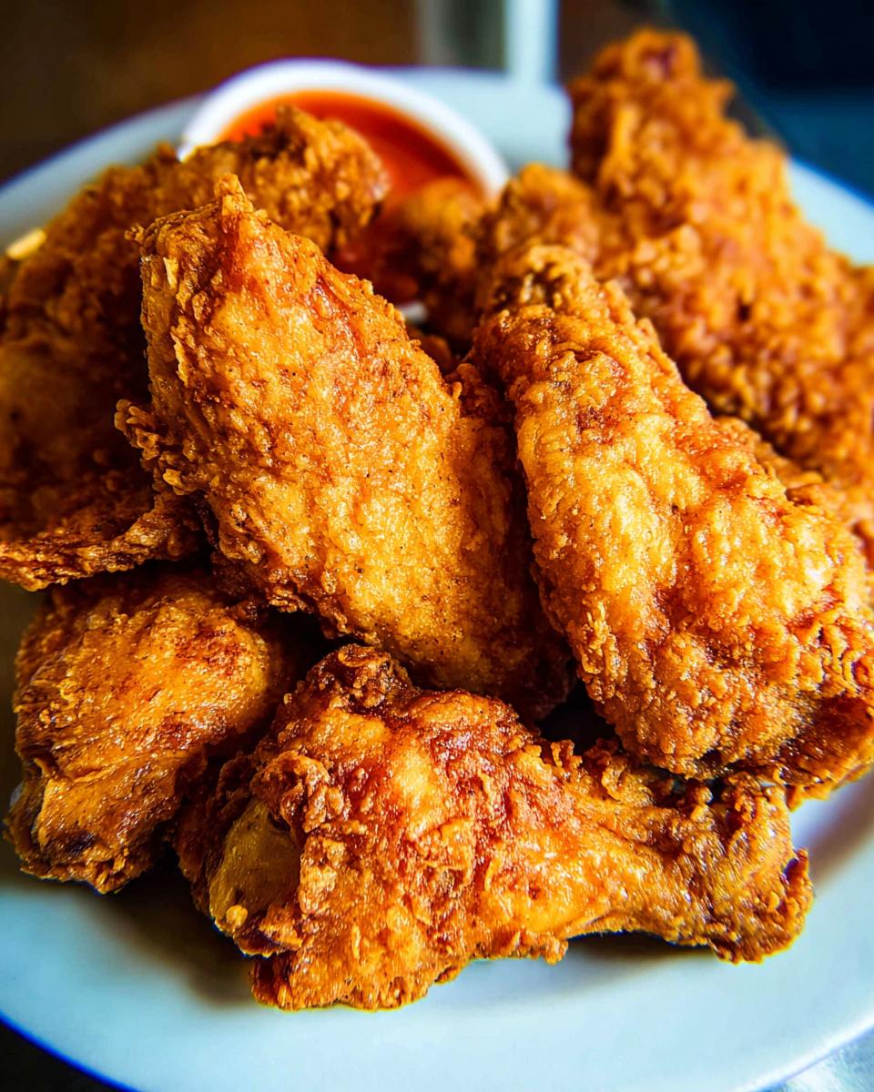 A close-up shot of a pile of golden-brown, crispy fried chicken wings served with a small dish of dipping sauce.