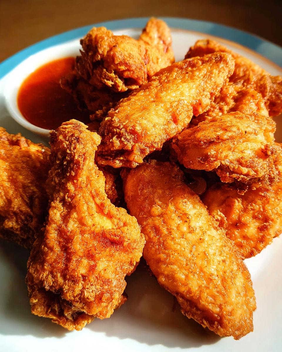 A pile of golden-brown, crispy fried chicken wings served with a small bowl of dipping sauce.
