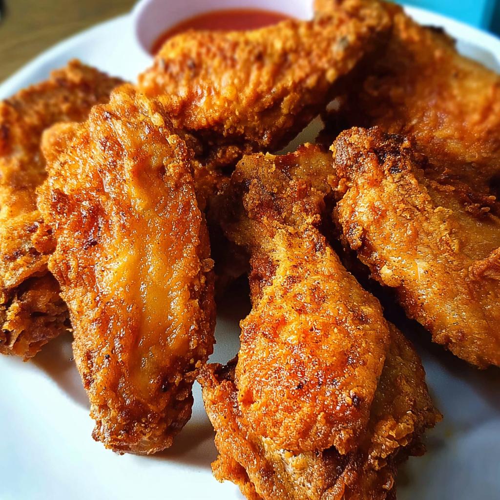A close-up shot of a pile of golden-brown, crispy fried chicken wings, served with a small dish of dipping sauce.