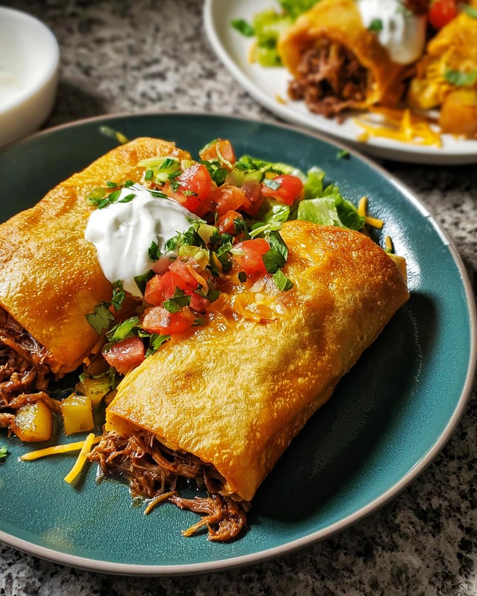 Two crispy fried burritos filled with shredded beef, topped with pico de gallo and sour cream, part of 20-Ingredient Easy Dinner Recipes.