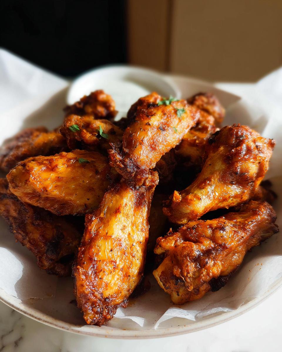 A close-up of a pile of crispy, golden-brown chicken wings, seasoned and garnished with parsley, ready to be served.