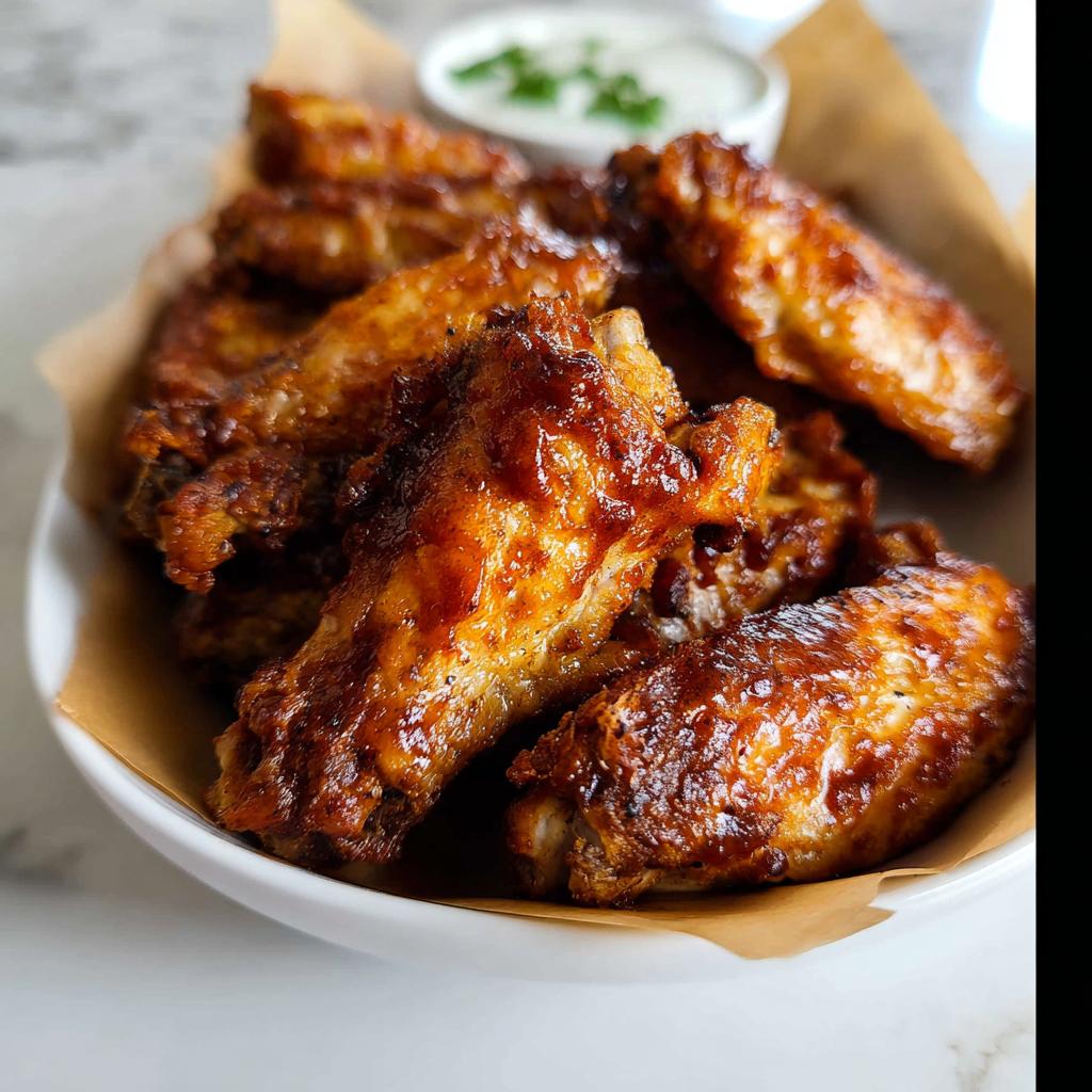 A close-up of glistening, saucy chicken wings piled in a white bowl, perfect for quick chicken wings recipes.
