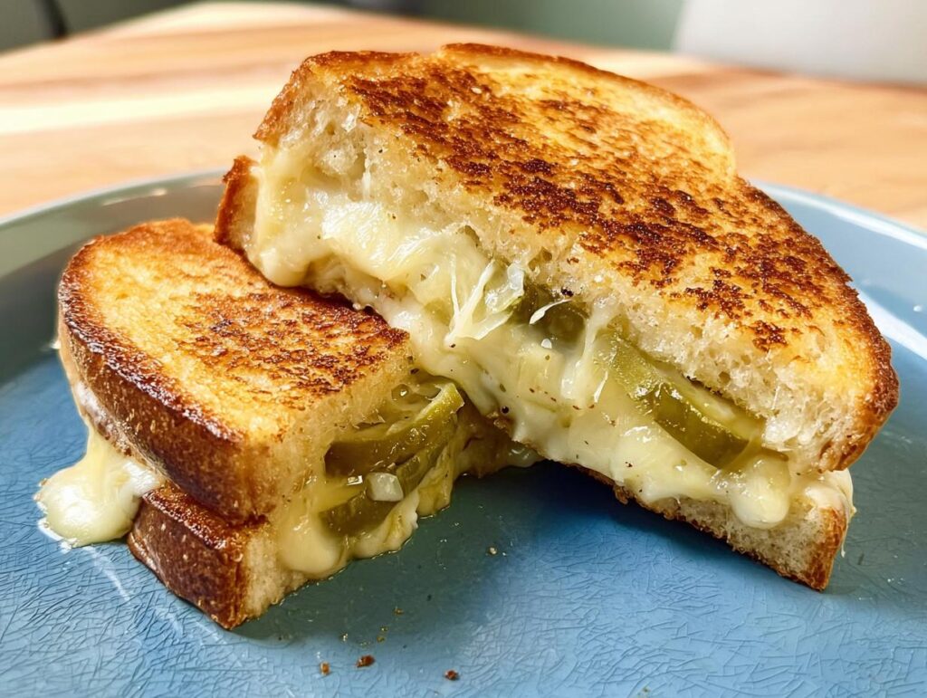A close-up of a dill pickle grilled cheese sandwich, cut in half, with melted cheese oozing out.