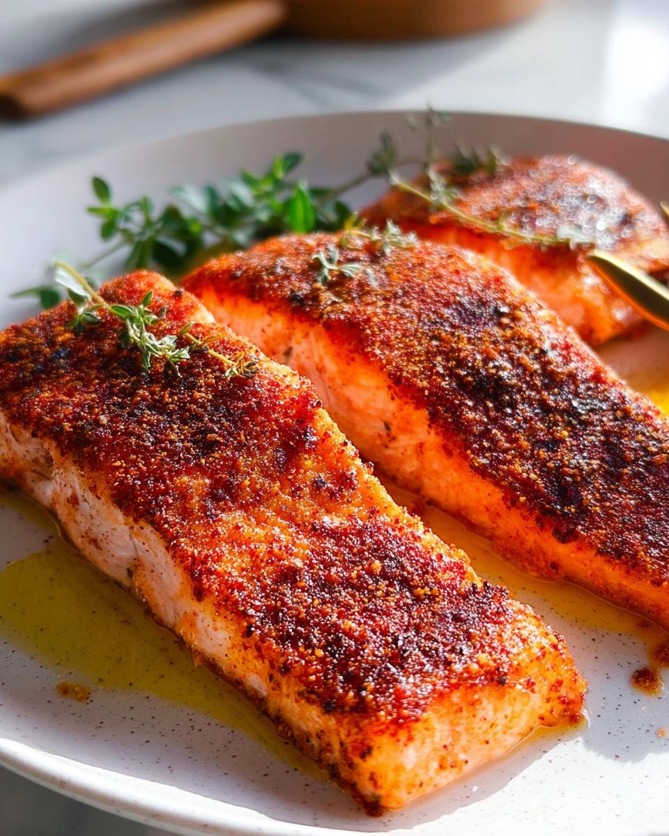 Three perfectly baked salmon fillets with a crispy crust, seasoned and garnished with fresh thyme, part of The Ultimate Salmon Recipes Guide for Beginners.