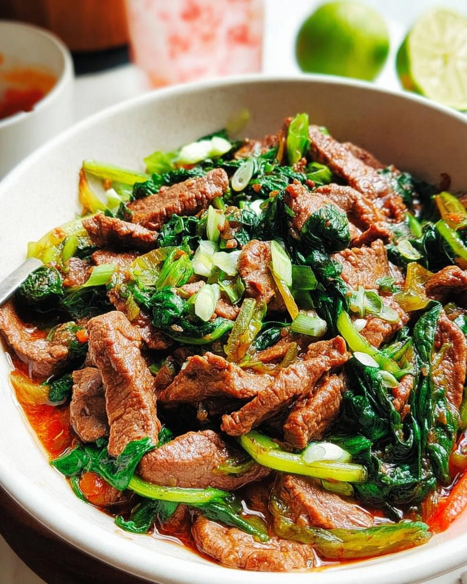 Close-up of a beginner-friendly beef and greens stir-fry in a bowl, featuring tender beef strips and vibrant green vegetables.