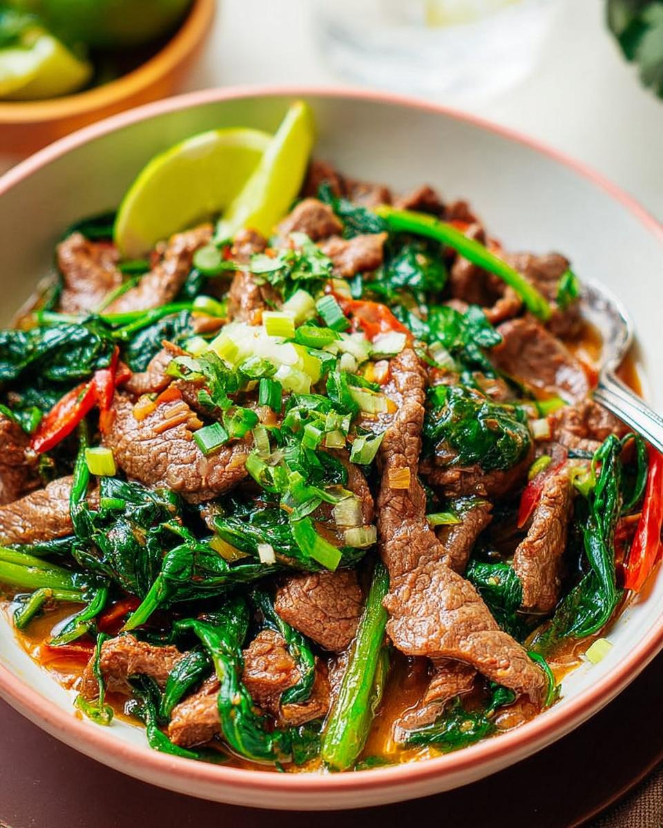 A close-up of an easy beef and spinach stir-fry, garnished with green onions and lime, perfect for beginner dinner recipes.