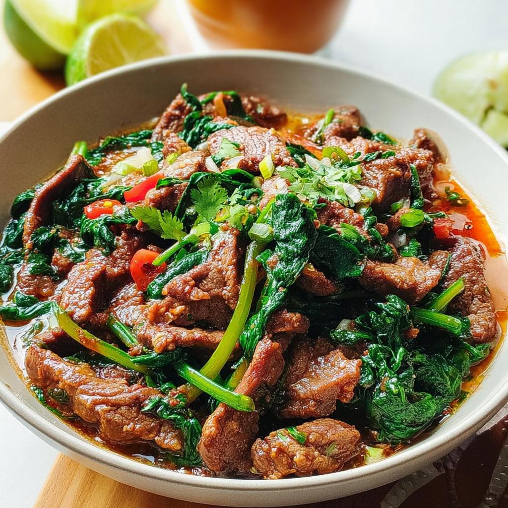 A close-up of a delicious beef and spinach stir-fry, perfect for easy dinner recipes for beginners.