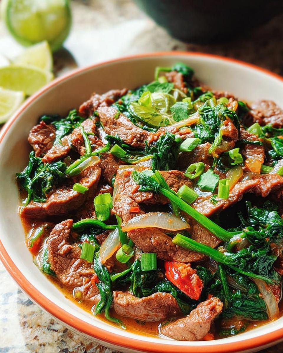 A close-up of an easy beef and spinach stir-fry, featuring tender beef strips, wilted spinach, and green onions in a savory sauce.