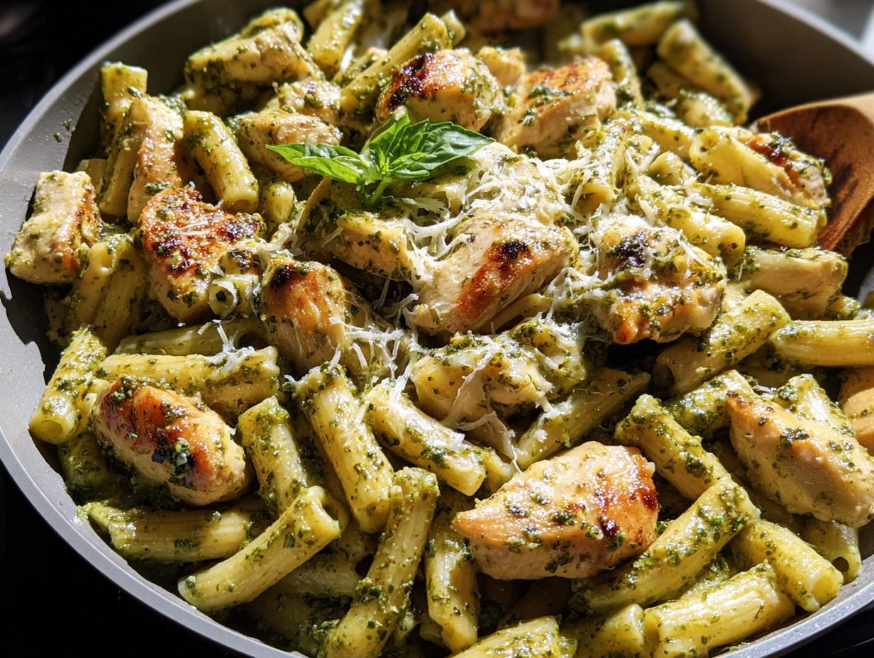 Close-up of a pan filled with pasta and grilled chicken pieces coated in pesto sauce, a popular choice for chicken recipes.