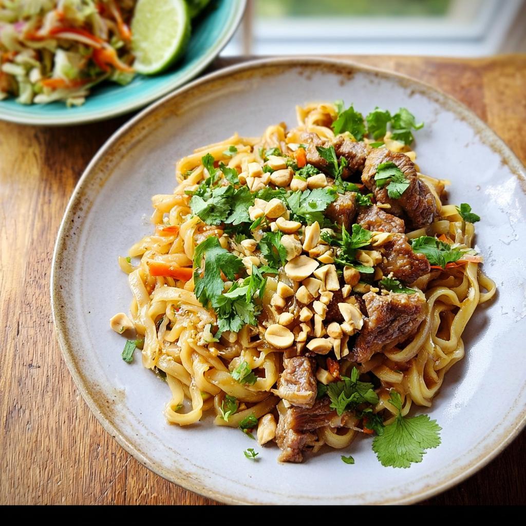 A delicious plate of beef and noodles, topped with chopped peanuts and cilantro, part of easy dinner recipes.