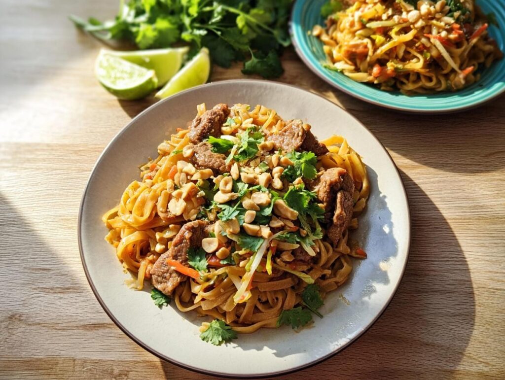 A plate of delicious beef and noodles, garnished with peanuts and cilantro, perfect for easy dinner recipes.