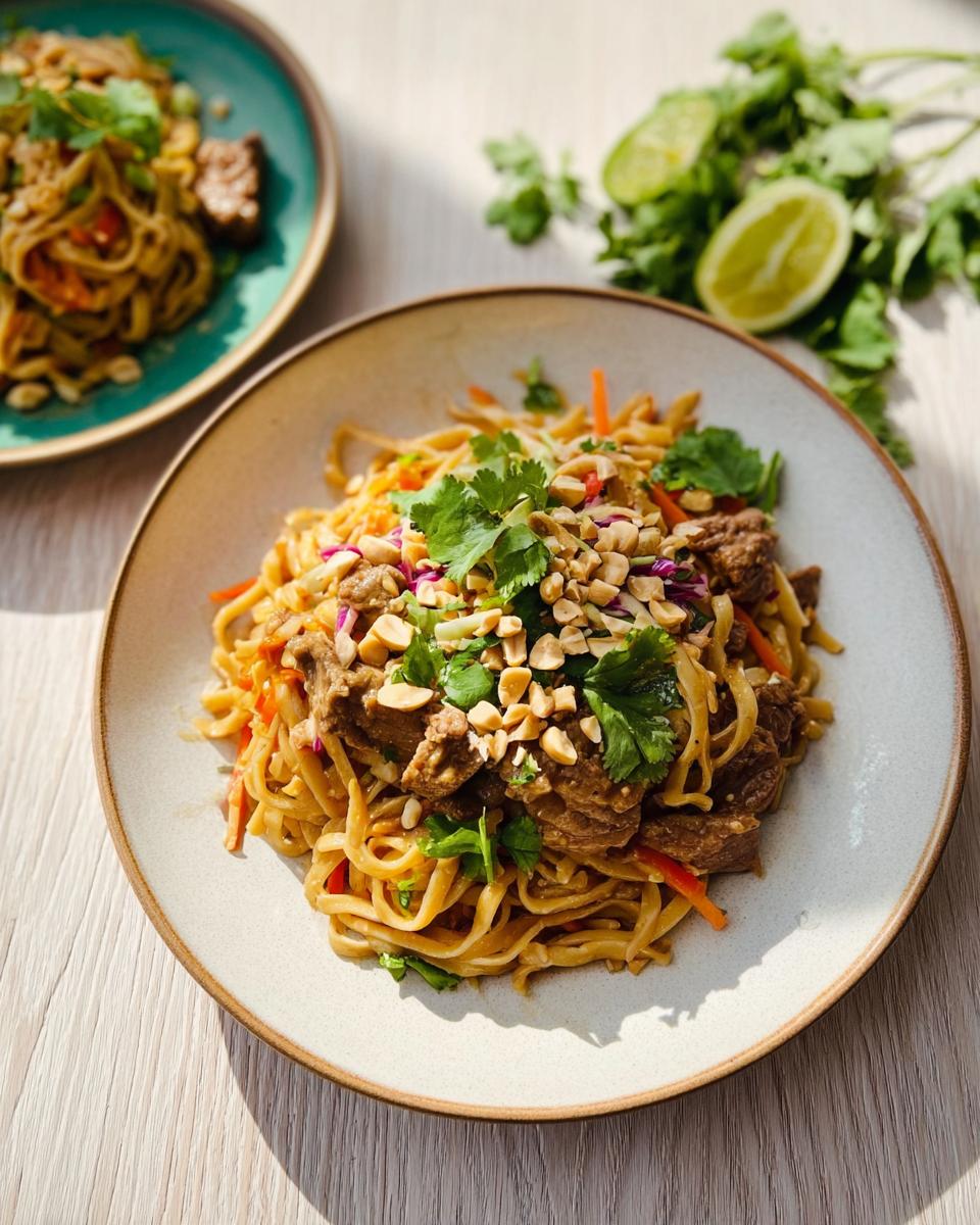 A close-up of a delicious beef noodle stir fry, a perfect easy dinner recipe, topped with peanuts and cilantro.
