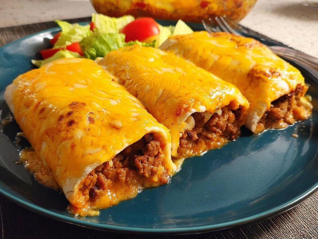 Three cheesy beef burritos served with a side salad, showcasing a delicious and easy dinner recipe.