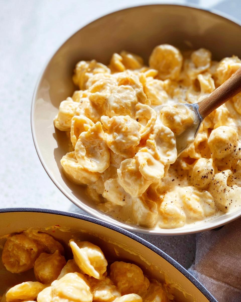 Close-up of creamy mac and cheese in a bowl, with a wooden spoon scooping some up. This is an easy dinner recipe.