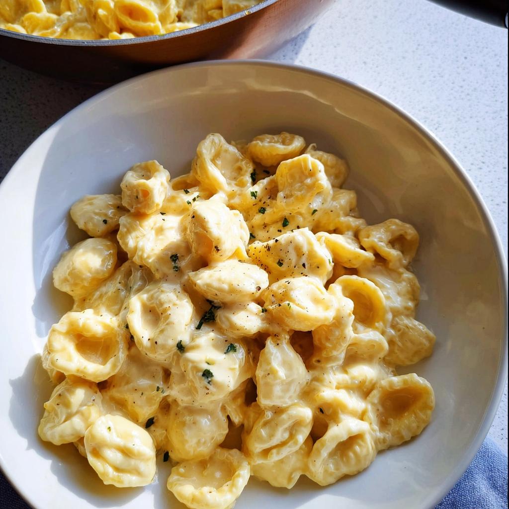 Close-up of creamy orecchiette pasta, a delicious and easy dinner recipe, in a white bowl.