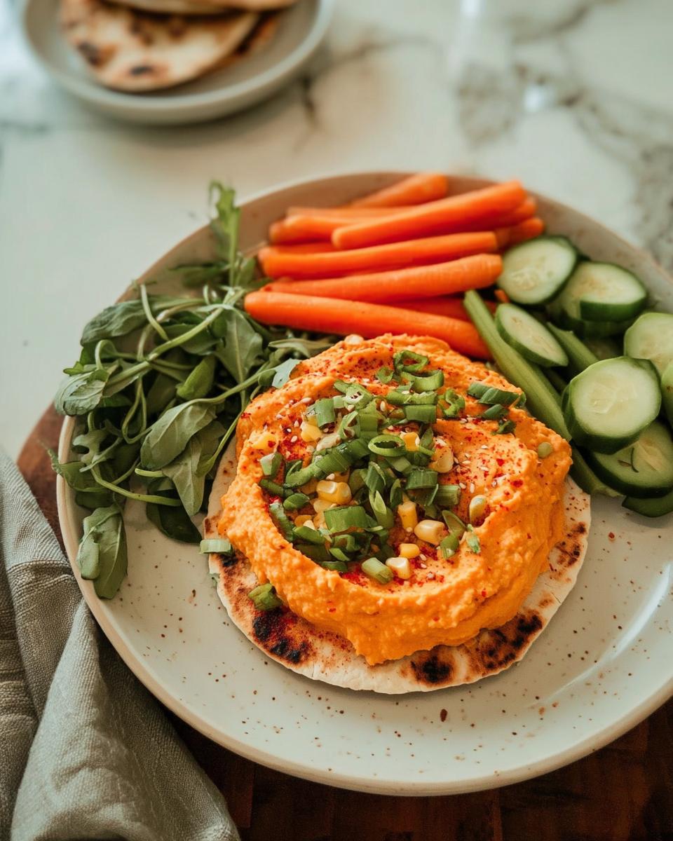 A vibrant plate featuring a generous scoop of hummus topped with scallions and corn, served with pita bread, carrots, and cucumbers.