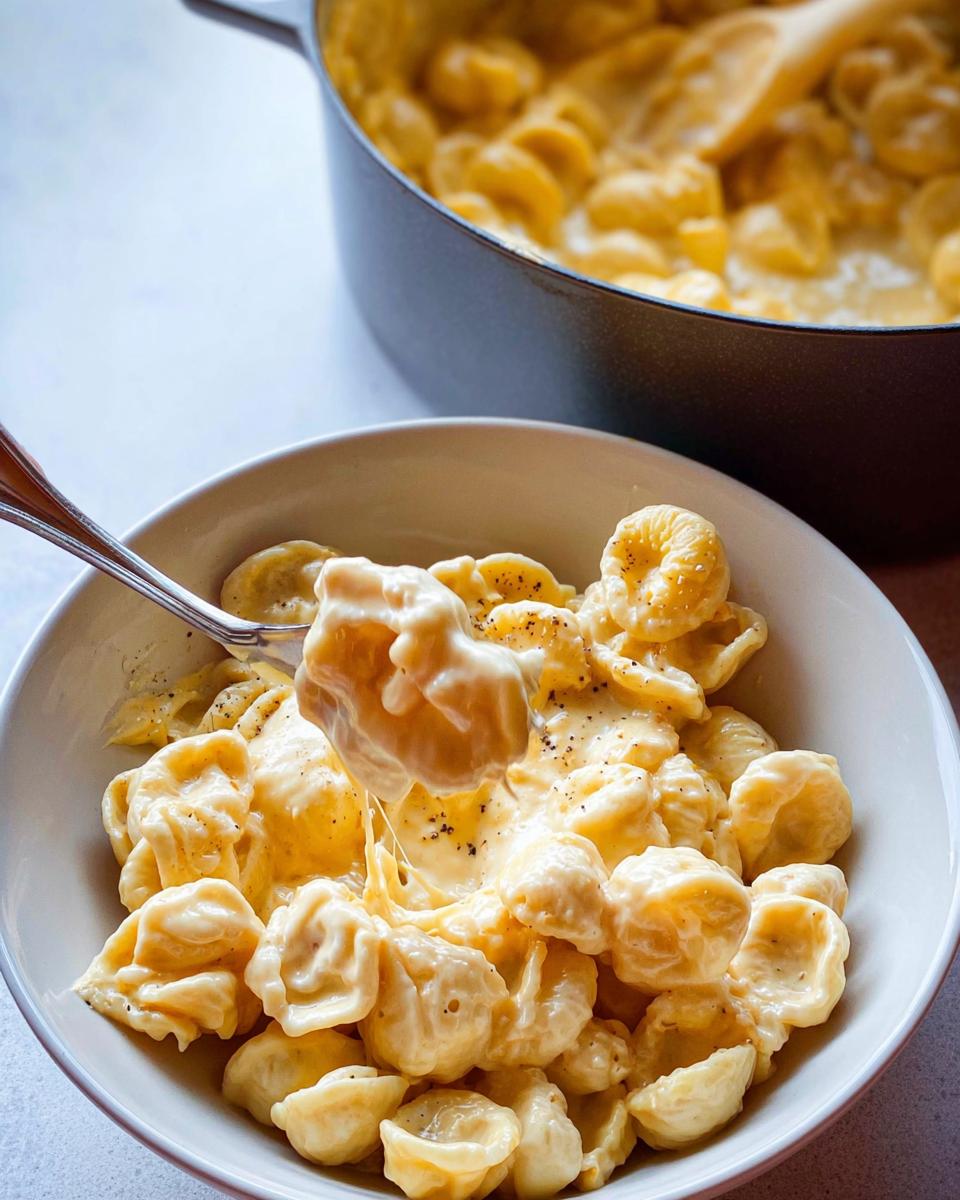 A bowl of creamy macaroni and cheese, with a fork lifting a cheesy portion, showcasing an easy dinner recipe.
