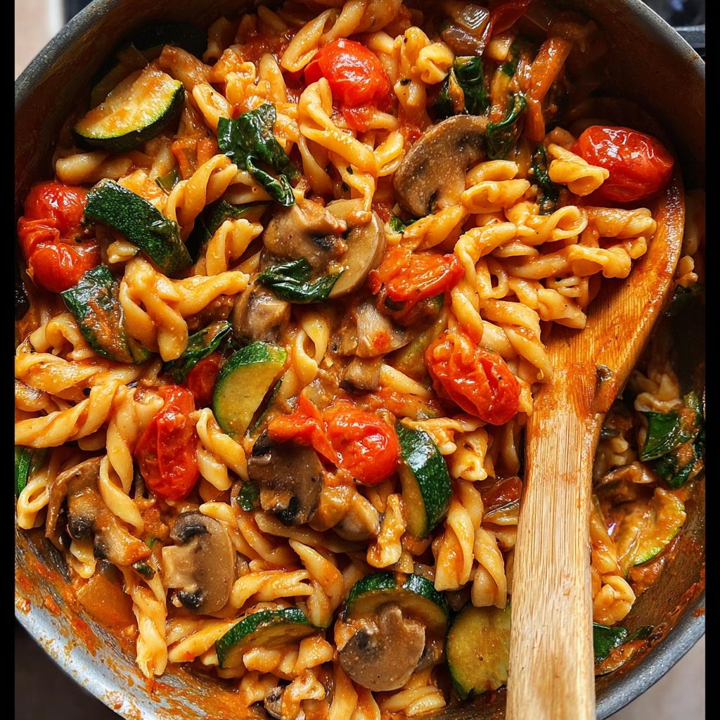Close-up of a one-pot pasta dish with rotini, zucchini, cherry tomatoes, and mushrooms, perfect for easy dinner recipes.