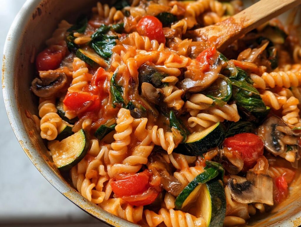 Close-up of a one-pot vegetable pasta dish with fusilli, zucchini, tomatoes, mushrooms, and spinach.