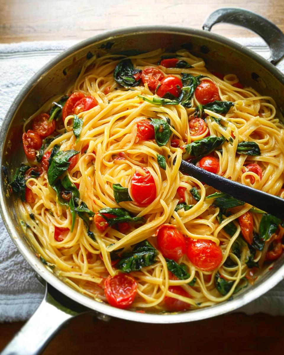 A close-up of linguine pasta tossed with cherry tomatoes and spinach in a pan, perfect for easy dinner recipes meal prep.