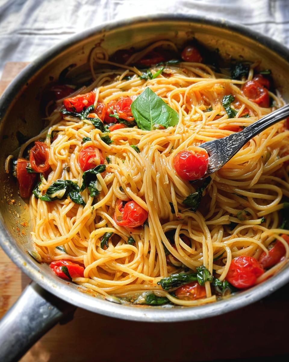 A fork twirls spaghetti with cherry tomatoes and basil, showcasing an easy dinner recipe.