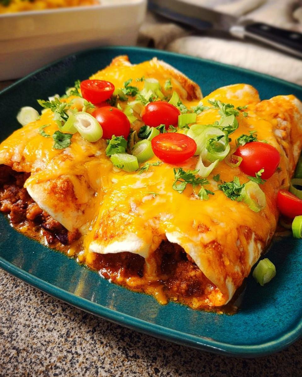 Close-up of cheesy beef enchiladas topped with cherry tomatoes, green onions, and cilantro, part of easy dinner recipes.