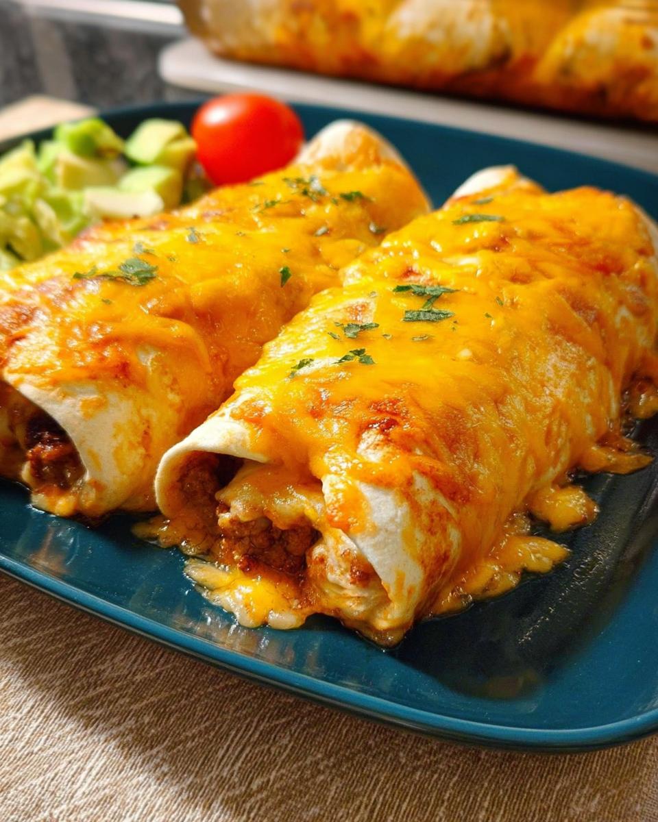 Two cheesy beef enchiladas topped with melted cheddar cheese, served with avocado and a tomato.