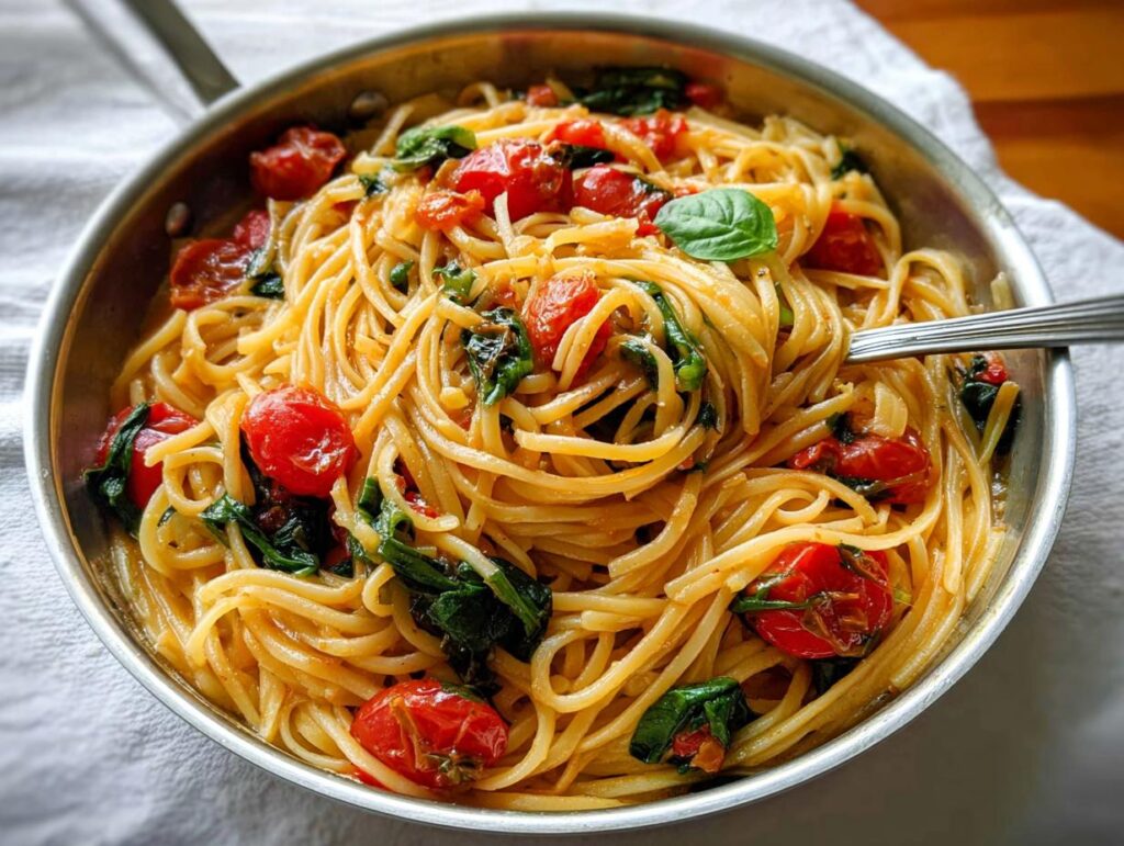 A close-up of a pan filled with spaghetti, cherry tomatoes, and spinach, perfect for easy dinner recipes meal prep.