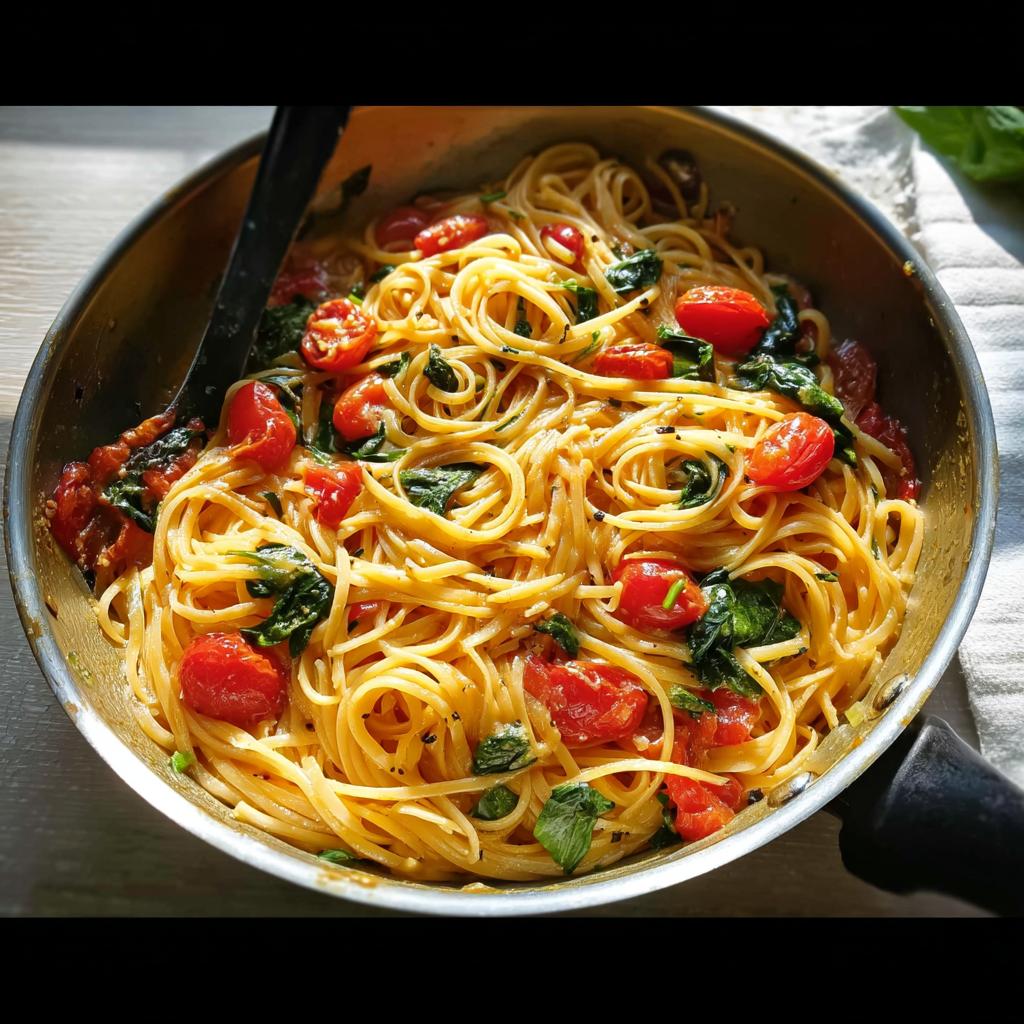 A close-up of a pan filled with spaghetti, cherry tomatoes, and spinach, perfect for easy dinner recipes meal prep.