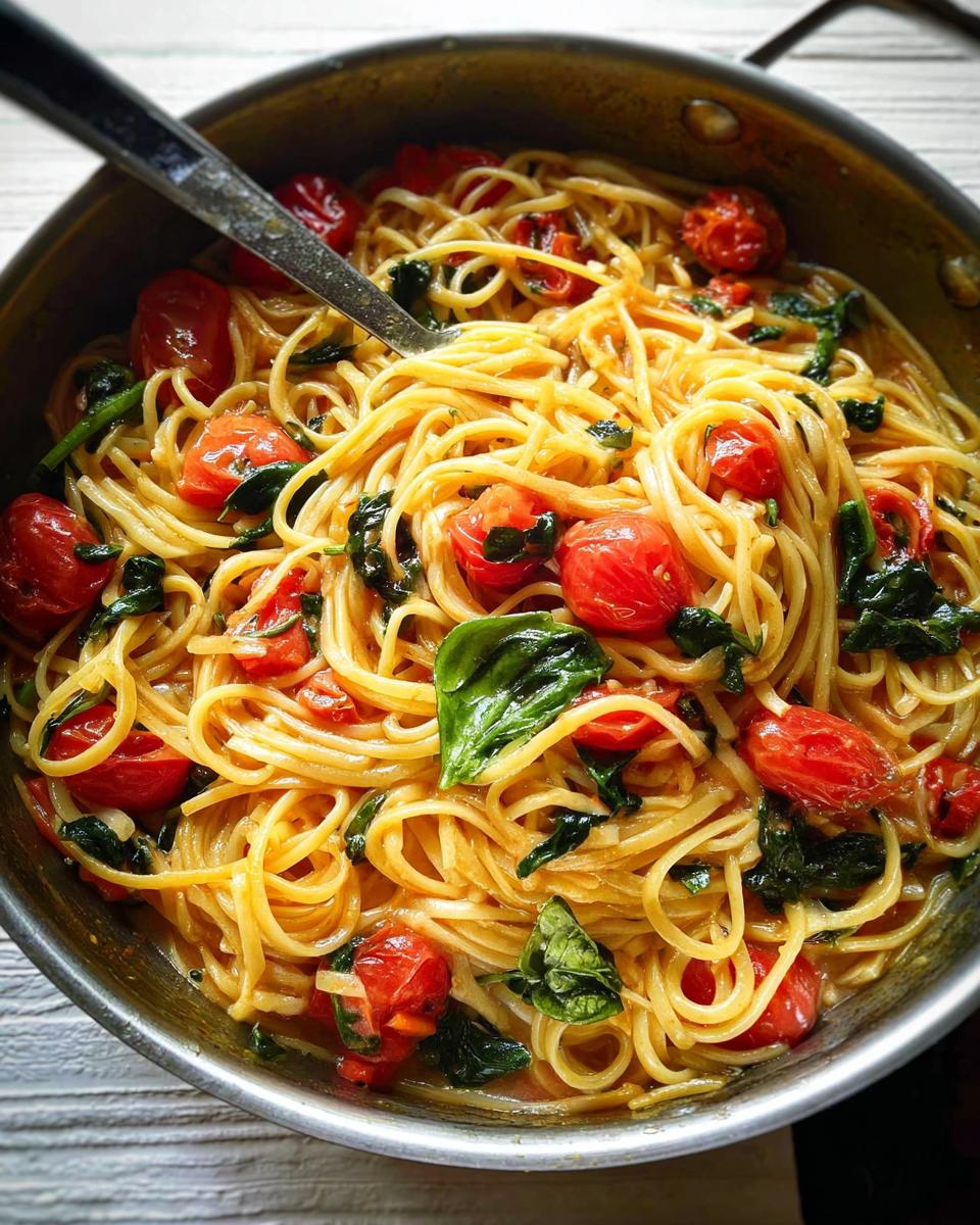 Close-up of spaghetti with cherry tomatoes and spinach, part of easy dinner recipes meal prep.
