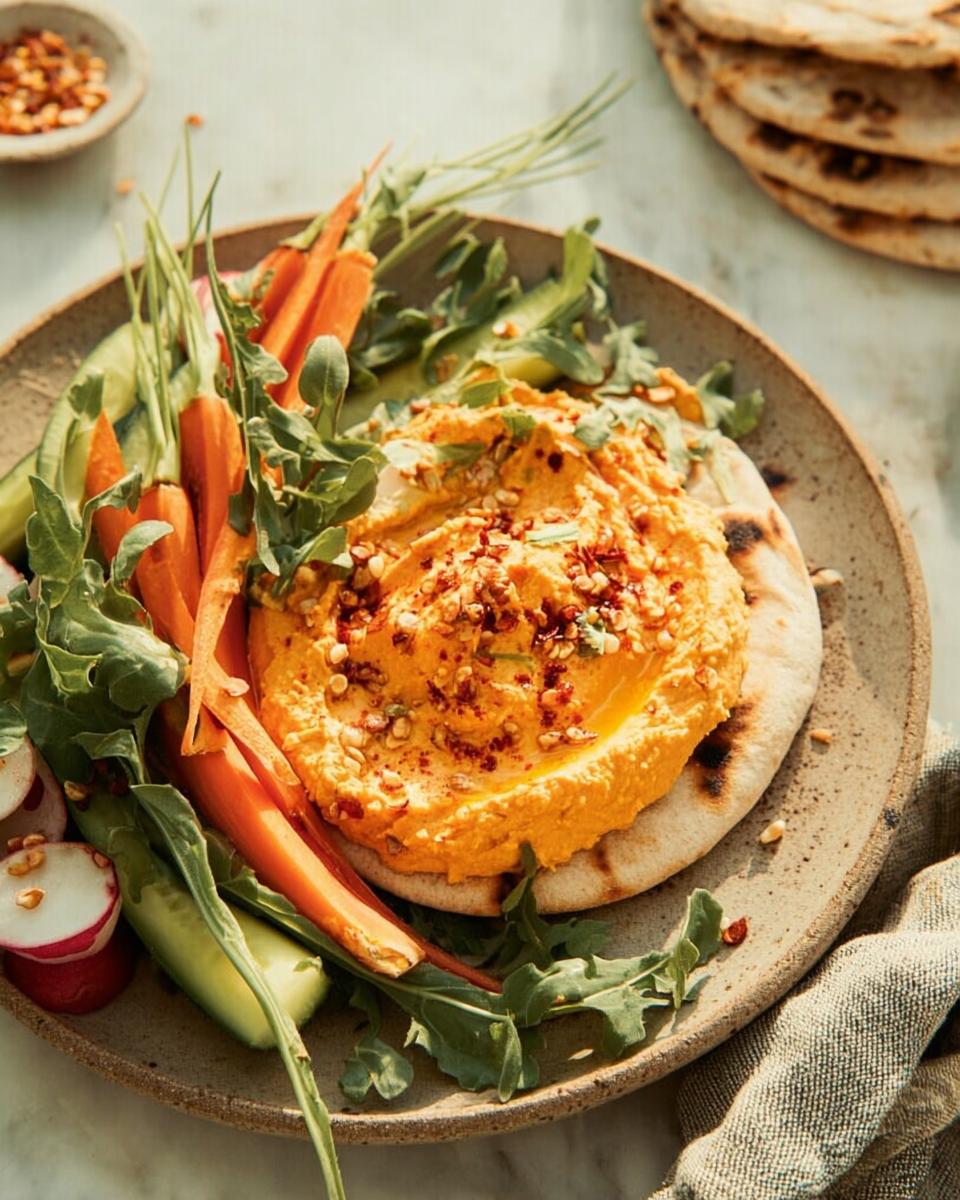 A vibrant orange hummus dip served with fresh carrots, cucumber, radish, and pita bread, perfect for easy dinner recipes.